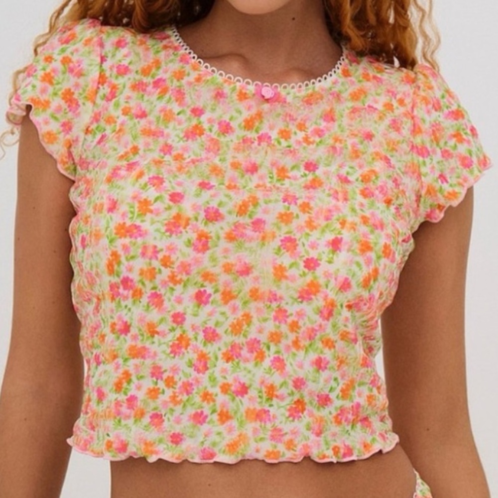 For Love & Lemons Giselle Floral Mesh Crop Top in Pink, Orange & Green